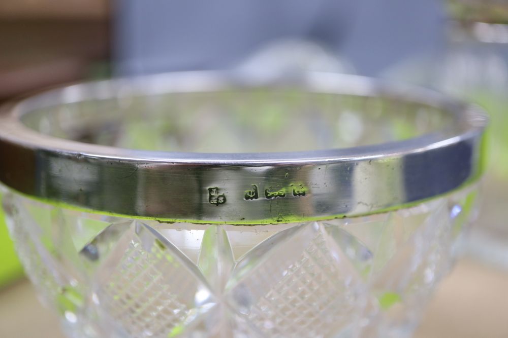 Five assorted silver mounted glass items, including vases, bowl and lidded jar, largest 25.7cm.